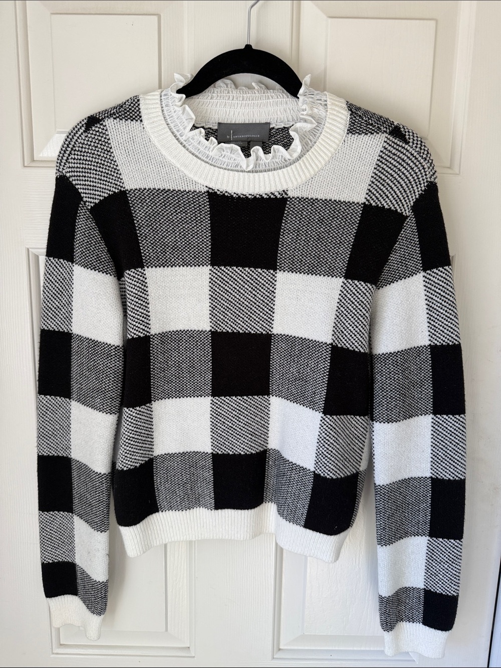 ANTHROPOLOGIE BLACK ANd WHITE BUFFALO CHECK RUFFLE NECK SWEATER